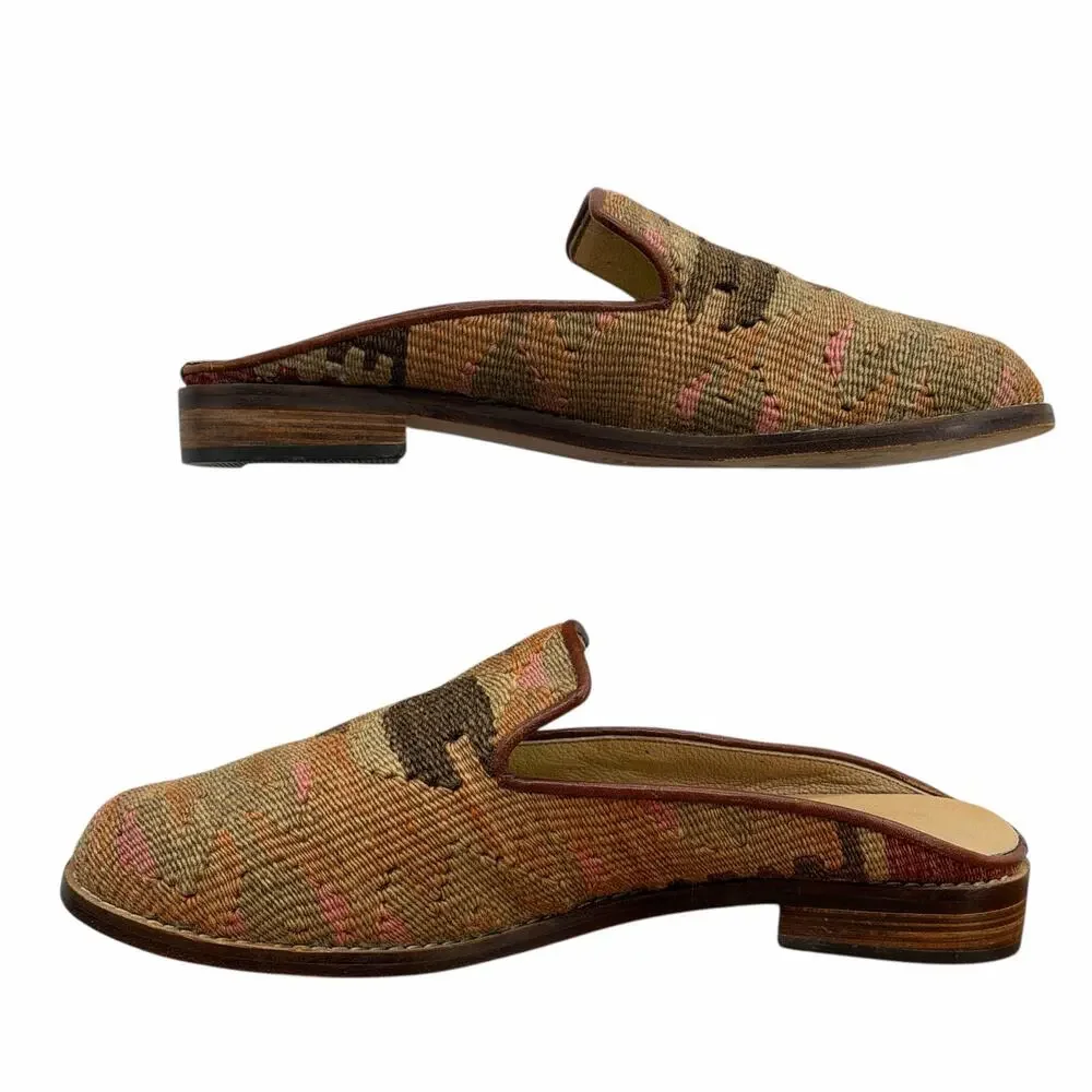 Mules Kilim Smoking Shoes Mule Women SZ 11 Tapestry Leather Wool Textile Brown